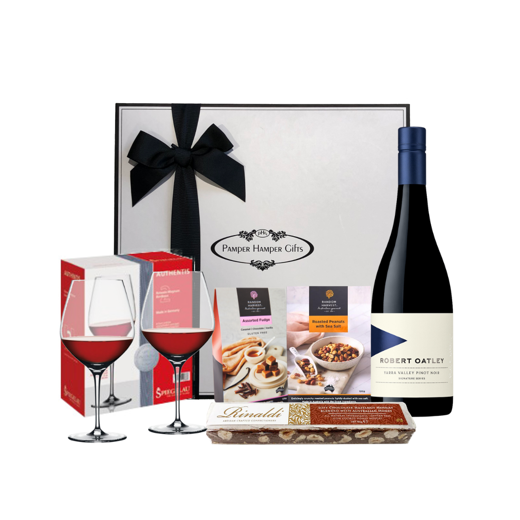 Spiegelau Red Wine Glasses, Robert Oatley's Signature Series Cabernet Sauvignon with delectable food items packaged together in our luxury gift box