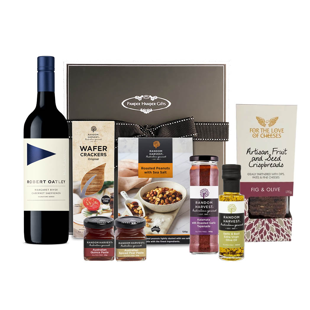 red wine nibbles corporate hamper with Australian made foods