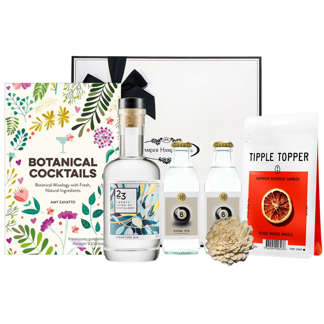 23rd Street Distillery Signature Gin 200ml with 2 Strangelove No 8 Premium Tonic Waters 180ml, Botanical Cocktails Recipe Book and Strangelove Tipple Topper Blood Orange Wheels all in our signature gift box.