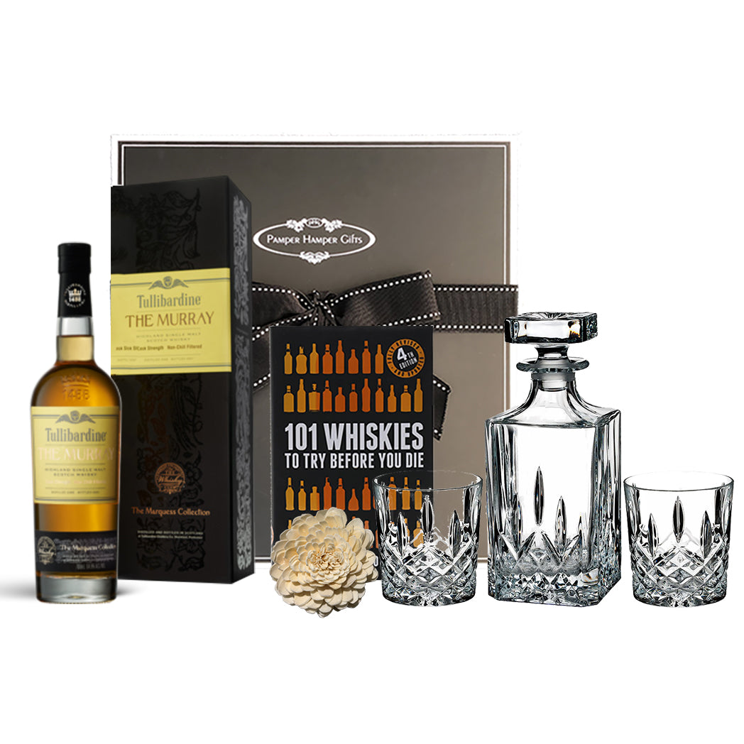 Marquis by Waterford Markham Decanter and DOF Set, 101 Whiskies to Try Before You Die Hardcover Book by Ian Buxton & Tullibardine The Murray Cask Strength 2008 Vintage Whisky