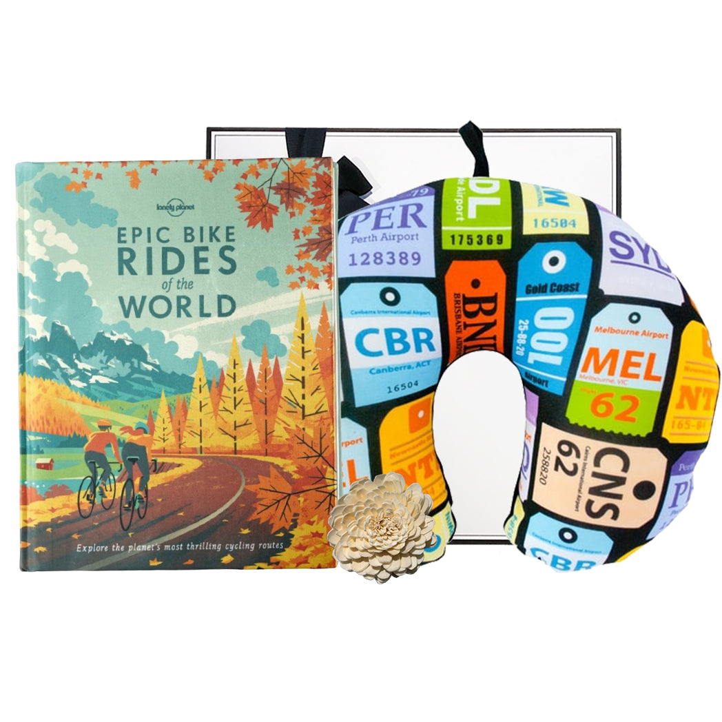 Lonely Planet travel guide for thrilling cycling routes with a squidgy neck pillow to help get you there in comfort.