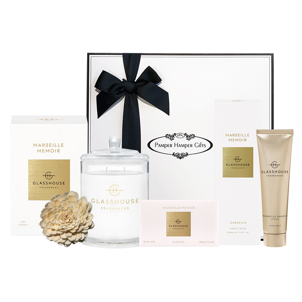 Glasshouse Fragrances Marseille Memoir Soy Candle 380g, Glasshouse Fragrances Marseille Memoir Body Bar 180g, Glasshouse Fragrances Marseille Memoir Hand Cream 100ml, beautifully packaged in our signature gift box.