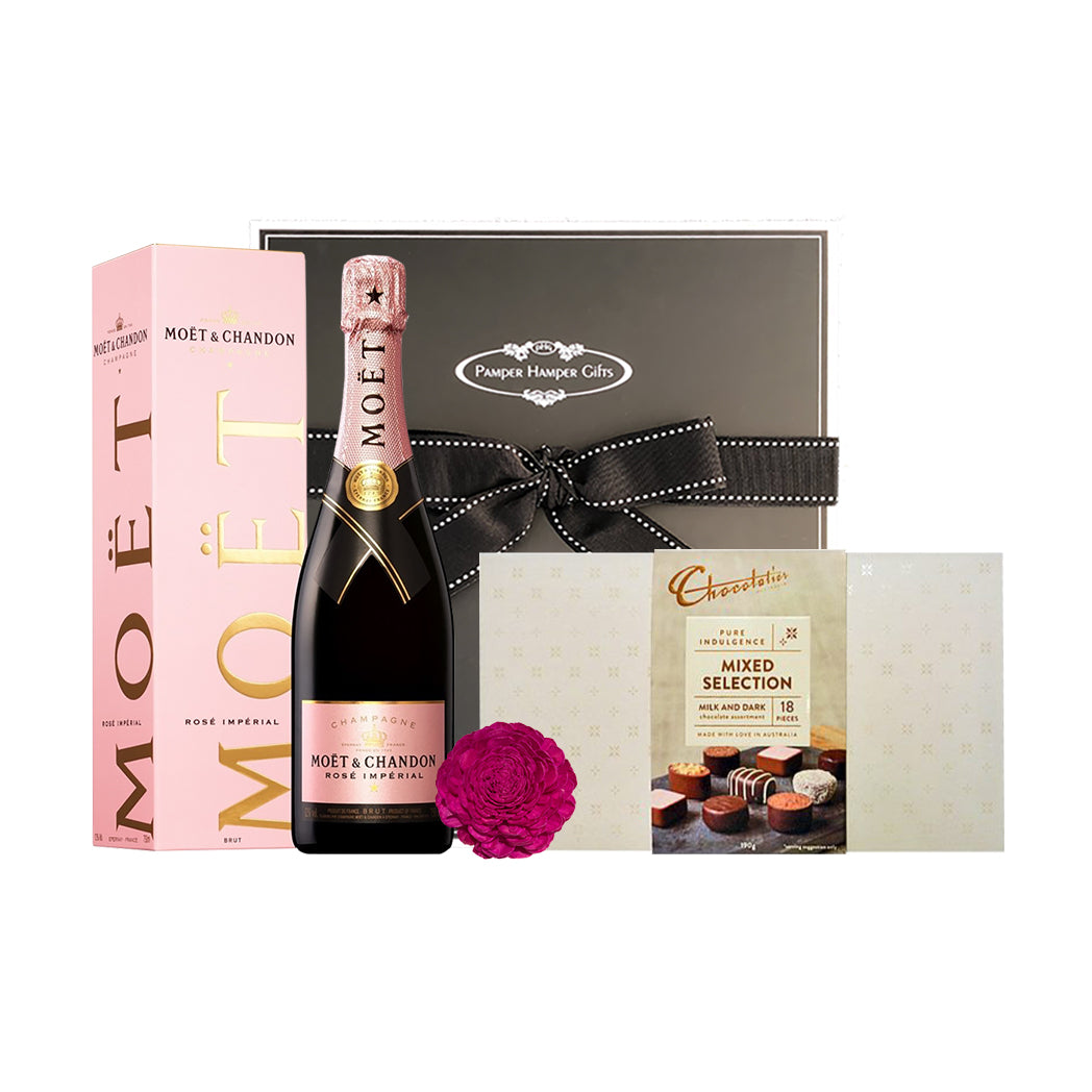 Moët & Chandon Rosé Champagne & Chocolatier Pure Indulgence mixed selection chocolate box exquisitely packaged in our signature Pamper Hamper Gifts gift box
