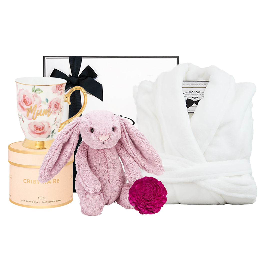 Bathrobe & Cristina Re MUM mug for mum, Jellycat tulip pink bunny for baby all packaged together exquisitely in our signature packaging.