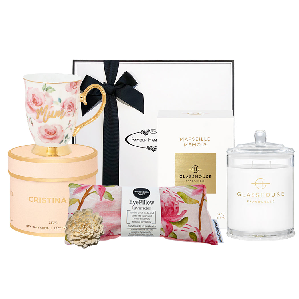 Exclusive Cristina Re Floral Mum Mug, Eyepillow Waratah - Lavender & Glasshouse Fragrances Marseille Memoir Candle 380g