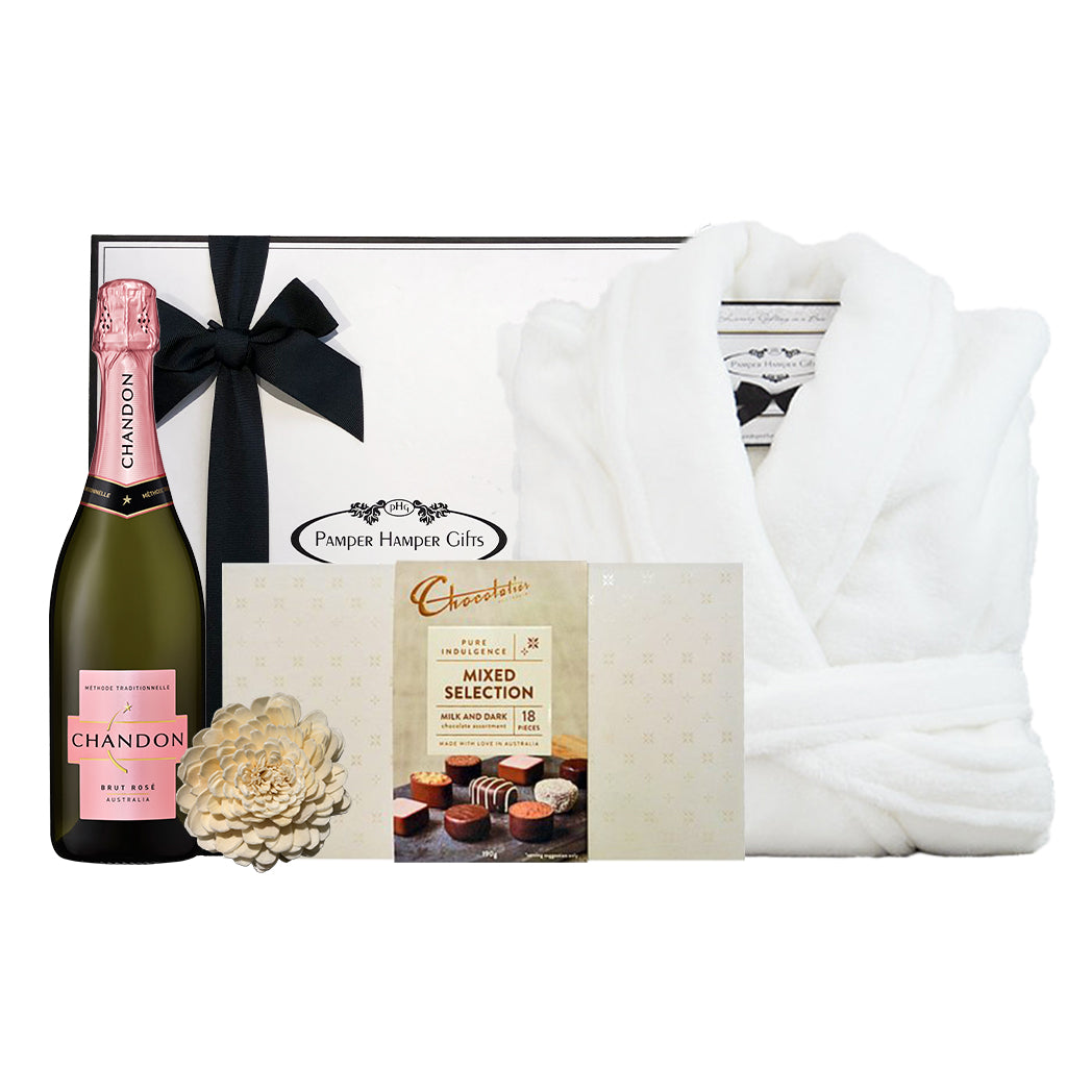 Chandon Brut Rosé 750ml, 100% Microplush Bathrobe (One Size Fits All) and a box of Chocolatier Australia Mixed Selection of Chocolates (18 piece) all beautifully packaged in our signature gift box.