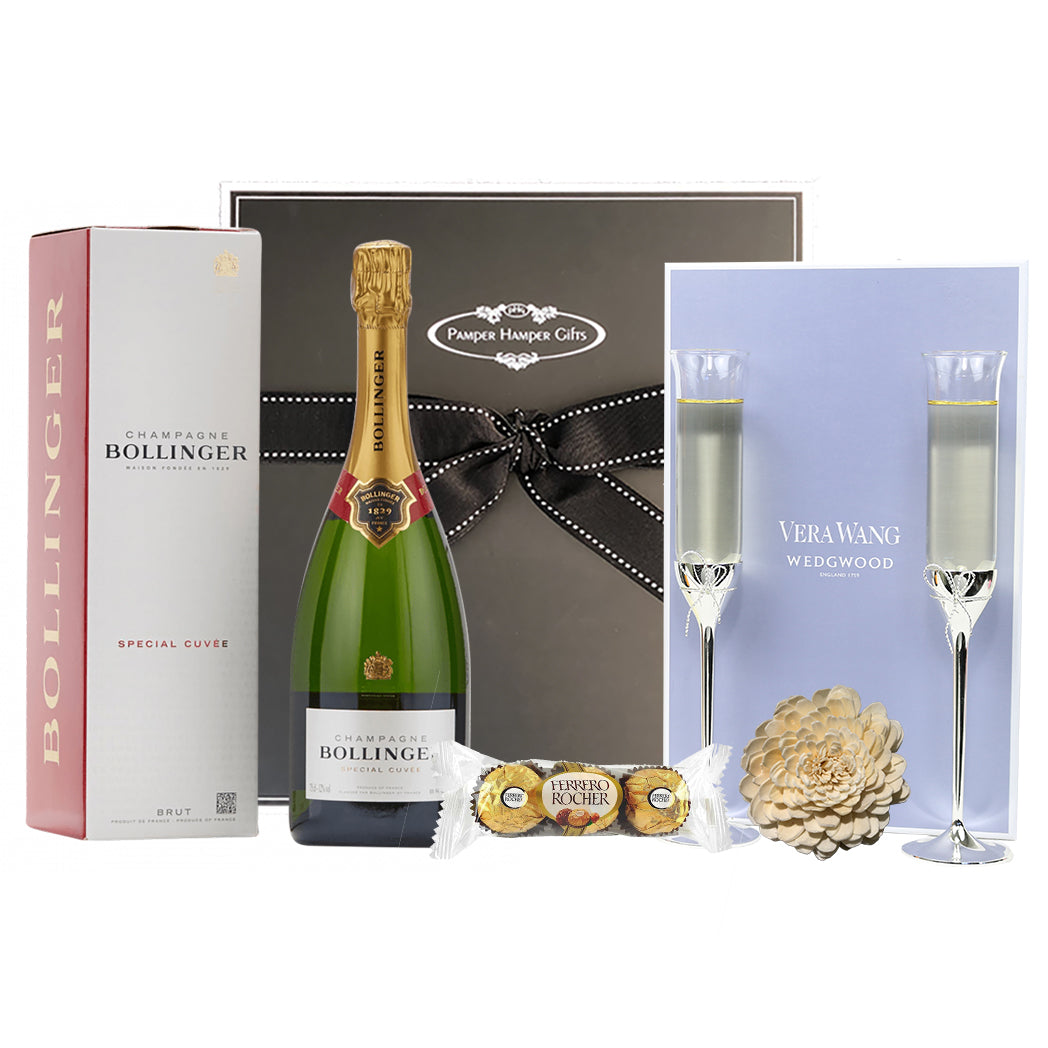 Vera Wang Love Knots Toasting Flutes with Bollinger Special Cuvee Champagne and Ferrero Rocher triple pack of chocolates beautifully packaged and presented in our signature luxury packaging.