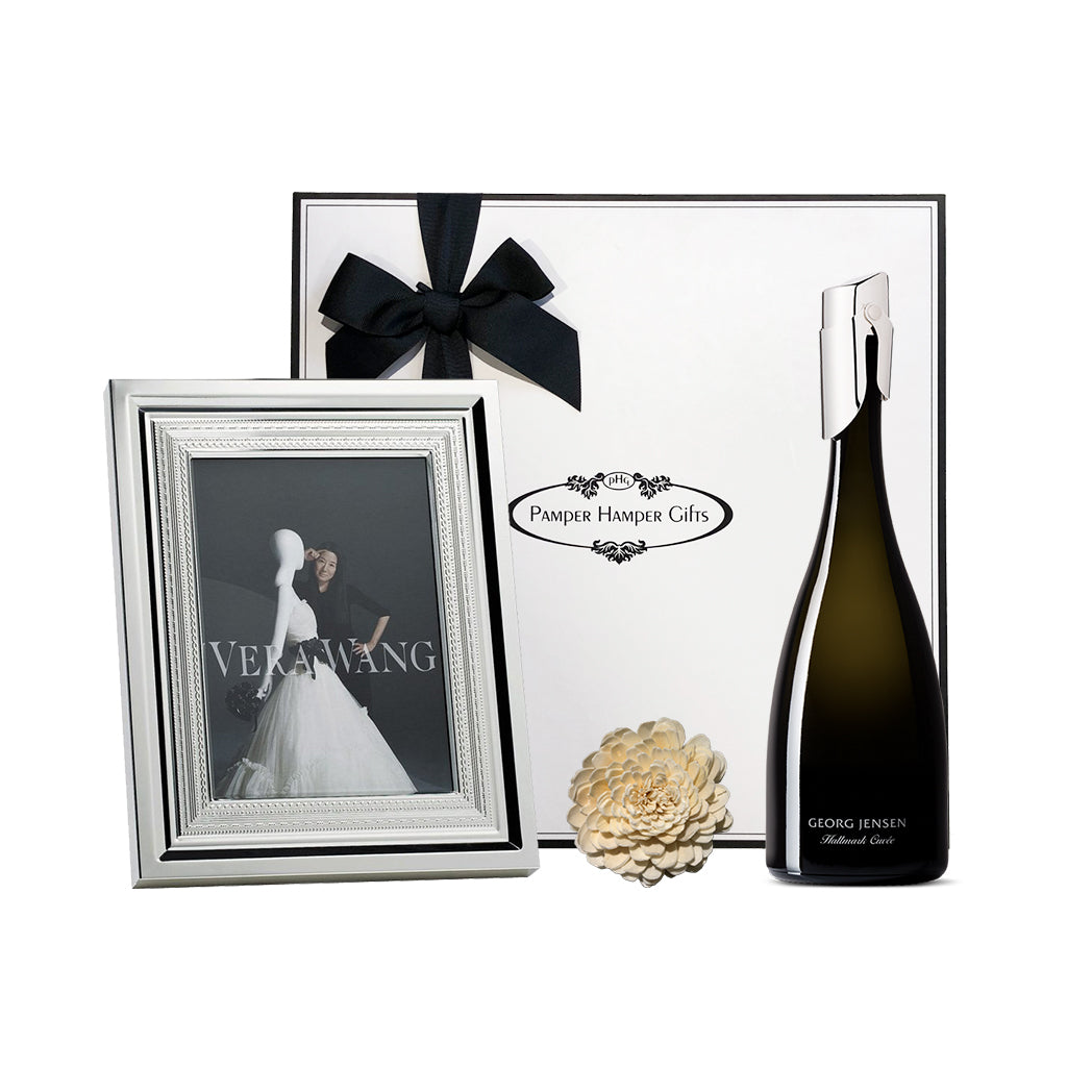 Vera Wang With Love Silver photo frame and Georg Jensen Hallmark Cuvee Sparkling Wine with the Georg Jensen signature silver stopper. All beautifully packaged in our white signature gift box.