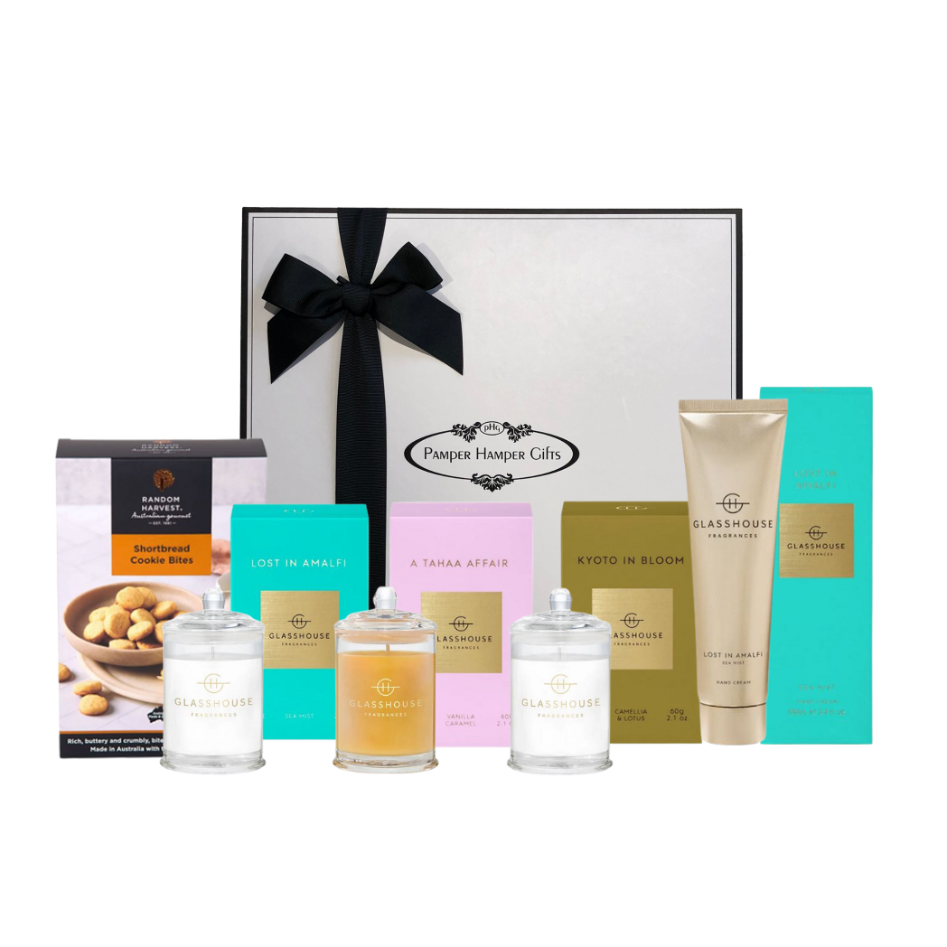 Glasshouse Fragrances Lost in Amalfi Hand Cream 100ml, three Glasshouse Fragrances Triple Scented Soy Candle 60g in Lost in Amalfi, Kyoto in Bloom and A Tahaa Affair and Random Harvest Shortbread Bites 100g with our signature packaging