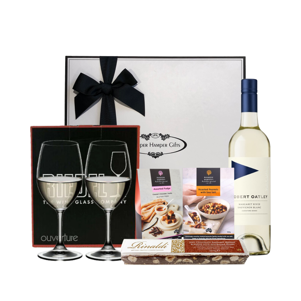 Sauvignon Blanc wine with riedel white wine glasses (pair), packaged with Australian fudge, peanuts and nougat..