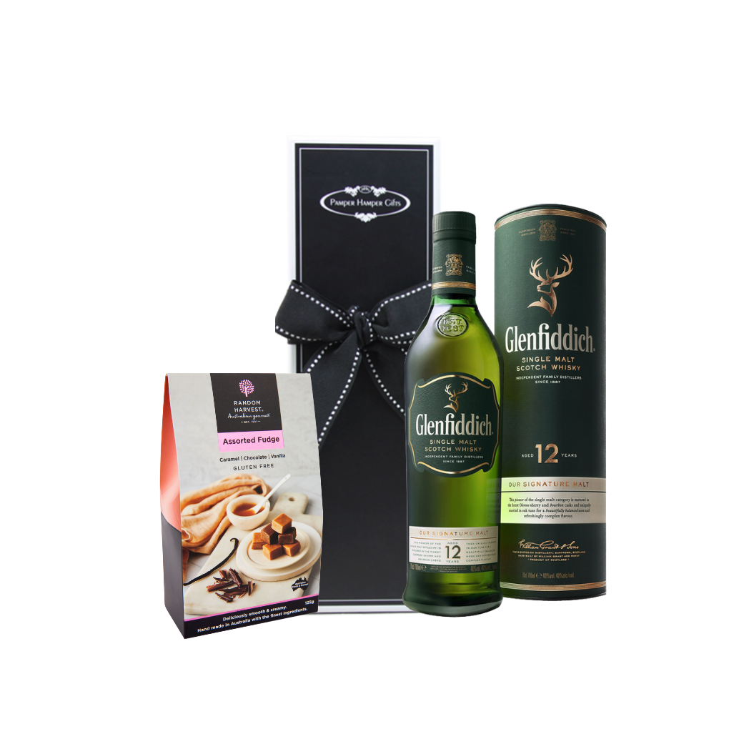 Bottle of Glenfiddich Single Malt Scotch Whisky Aged 12 years & chocolates beautifully packaged in our signature gift box