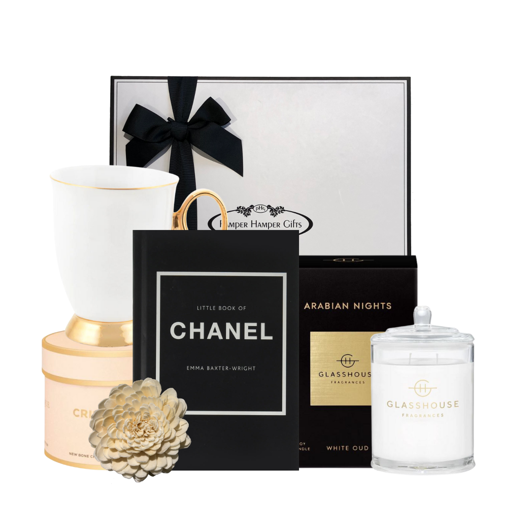 Little Book Of Chanel Hardcover Book with Glasshouse Arabian Nights 380g candle and a Cristina Re Mug with 24ct trim beautifully presented in our signature gift box.