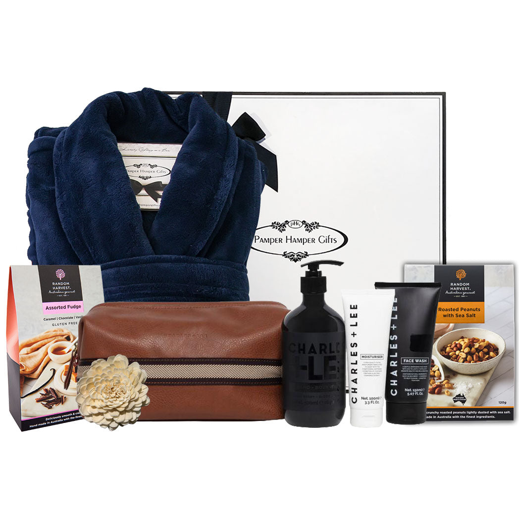Men's Hamper containing Navy bathrobe, Charles + Lee body wash and face products and some gourmet nibbles stylishly packaged in our signature gift box