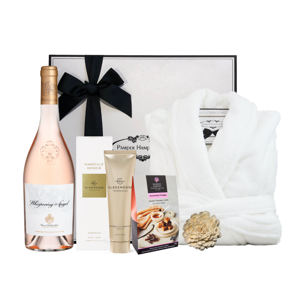 Rosé, luxury plush bathrobe and Glasshouse hand cream packaged in a beautiful Pamper Hamper Gifts hamper box