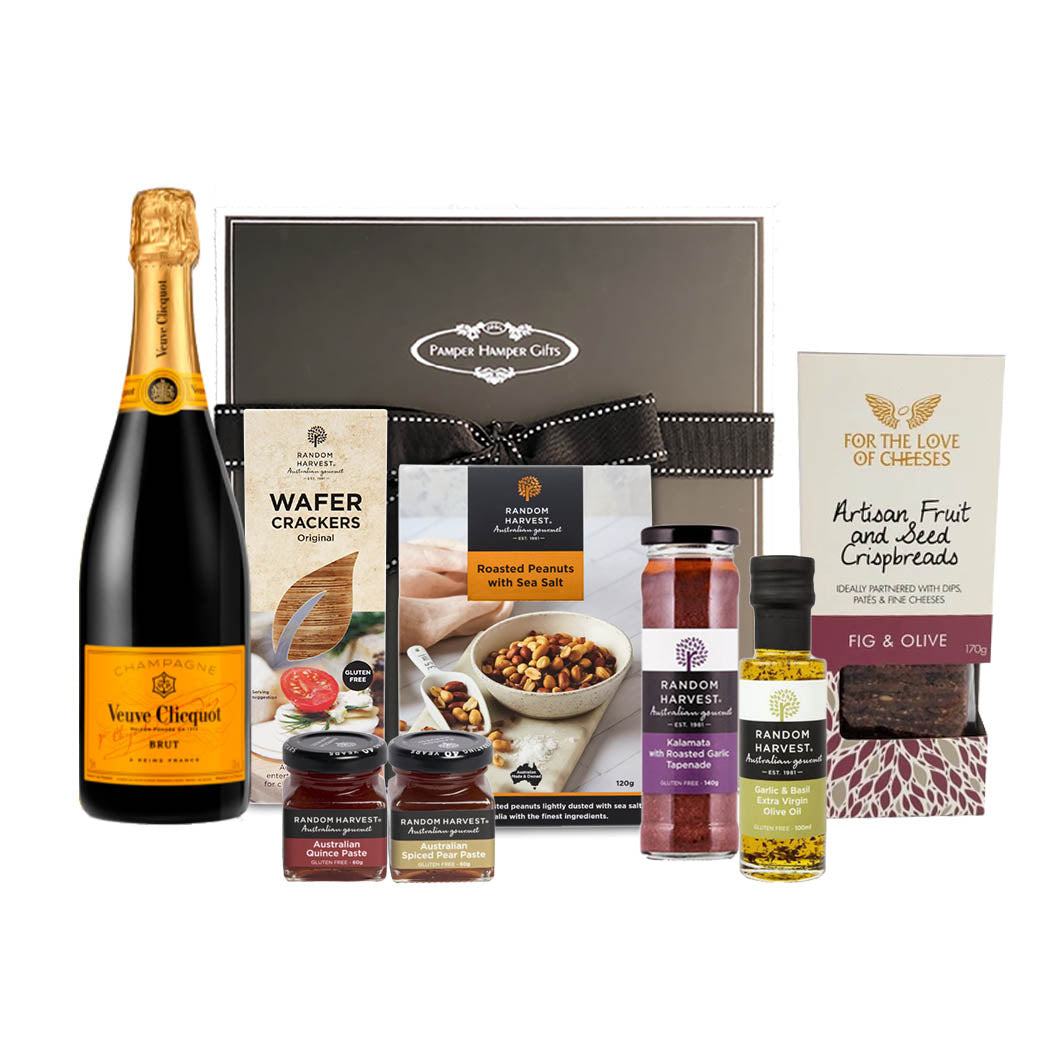 veuve with nibbles gourmet hamper for corporate gifting