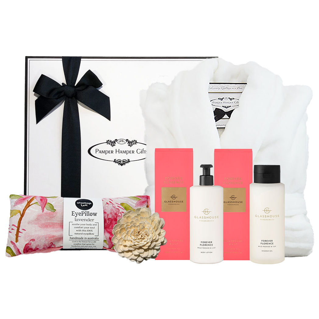 Luxury microplush bathrobe, Glasshouse Shower Gel 400ml and Glasshouse Body Lotion 400ml with a Wheatbags Love lavender scented eye pillow all beautifully packed in our signature luxury gift box.