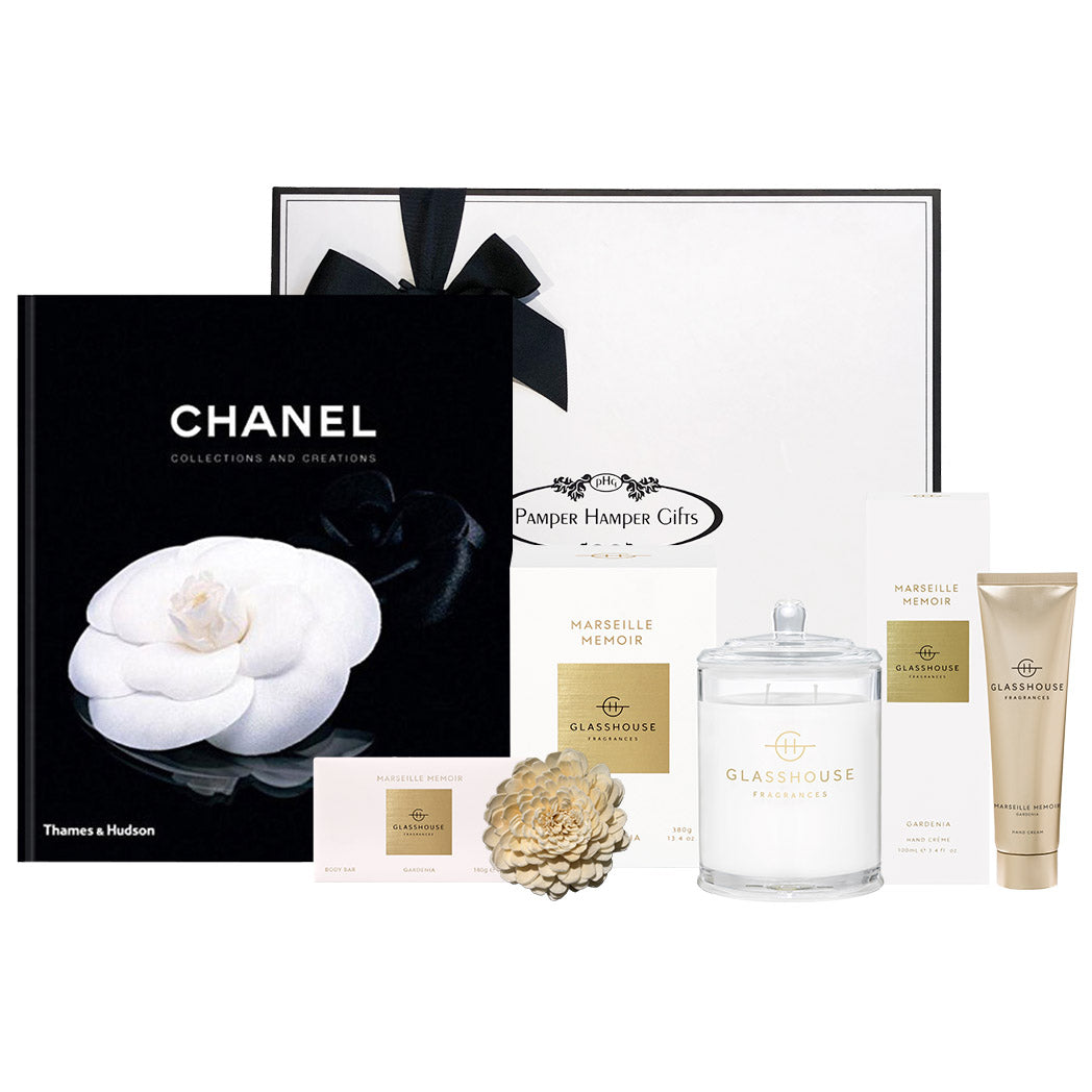 Chanel Collections & Creations Hardcover Book, Glasshouse Fragrances Marseille Memoir Gardenia Soy Candle, Hand Cream and Body Bar beautifully packaged in our signature keepsake gift box.