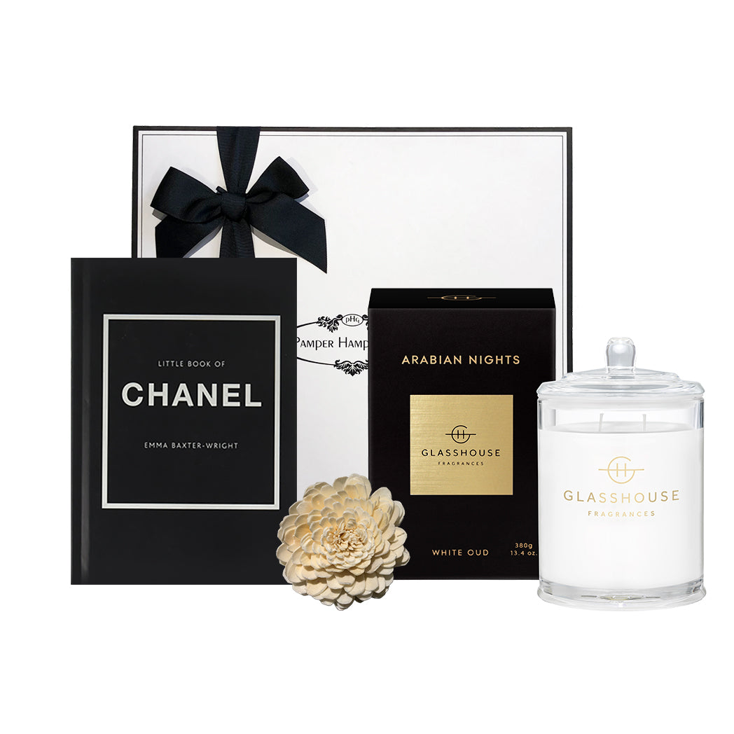 Little Book of Chanel Hardcover Glasshouse Fragrances 380g Triple Scented Soy Candle Arabian Nights (White Oud) with our signature gift box