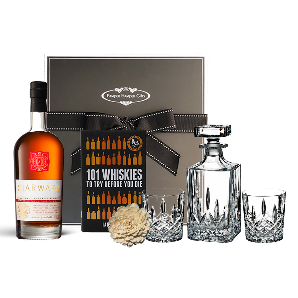 Marquis by Waterford Markham Decanter and DOF Set, 101 Whiskies to Try Before You Die Hardcover Book by Ian Buxton & Starward Single Malt Australian Whisky Finished in Tawny Fortifide Casks