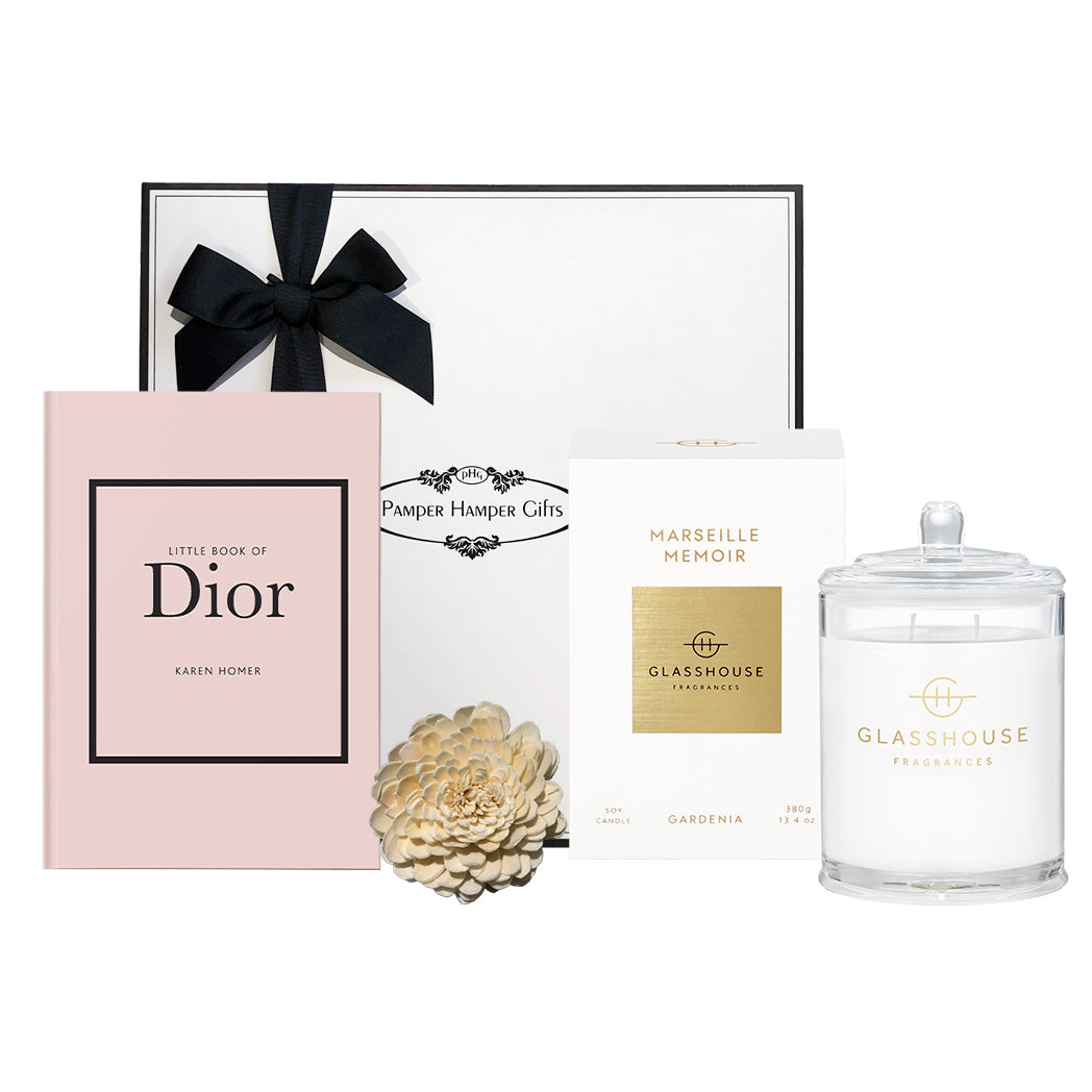 Little Book of Dior Hardcover Book & Glasshouse Fragrances 380g Triple Scented Soy Candle (Gardenia)