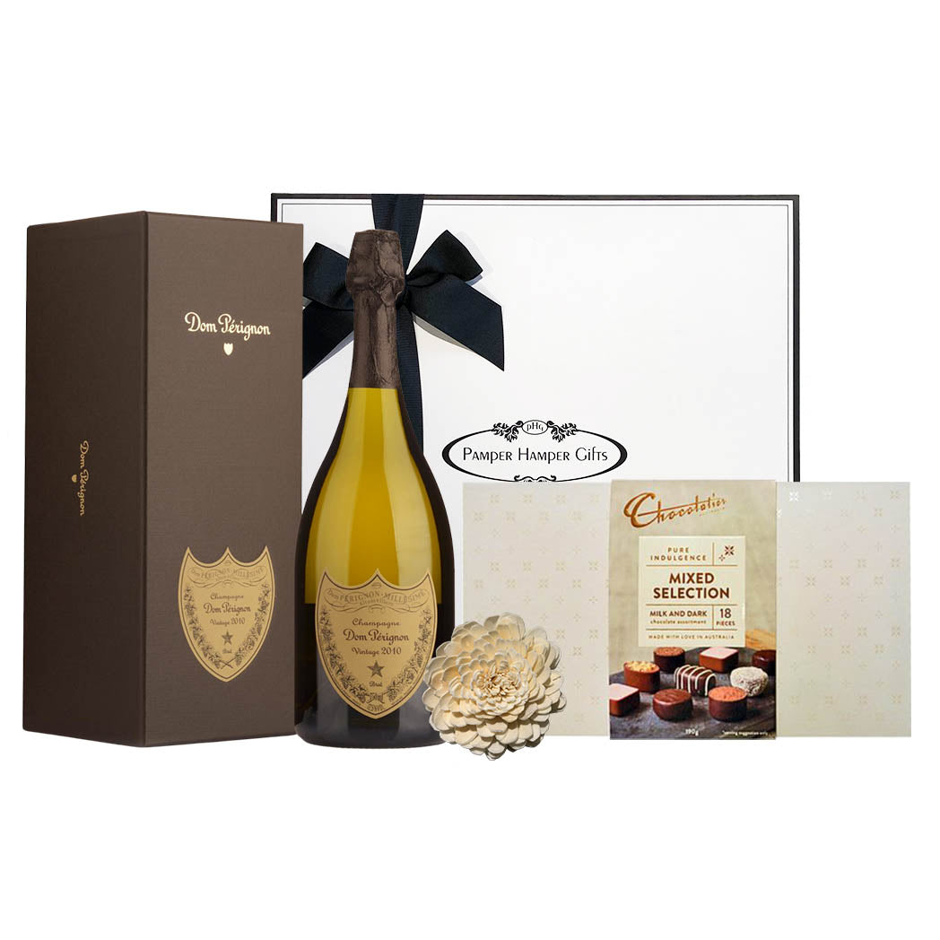 Dom Pérignon Vintage Champagne and delicious Chocolatier Pure Indulgence Mixed Selection Milk & Dark Chocolates all beautifully packaged and presented in our signature gift box