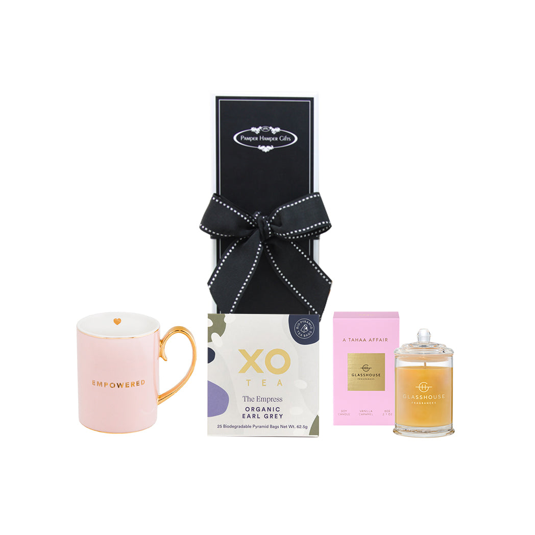 Cristina Re "Empowered" Mug 24 Ct Gold Plated, Glasshouse Fragrances 60g Triple Scented Soy Candle (A Tahaa Affair) & XO Tea The Empress Organic Earl Grey Tea
