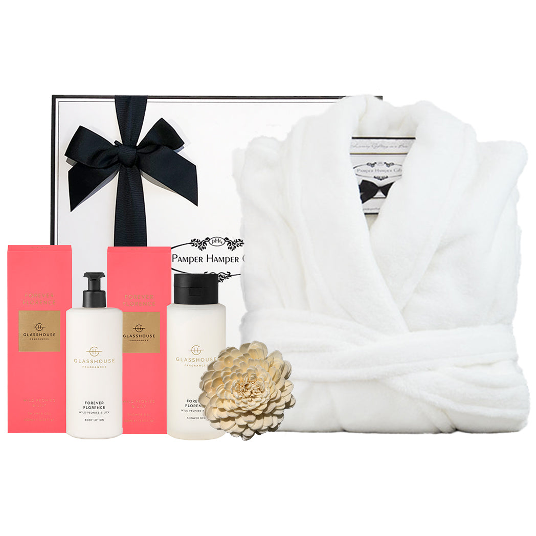 Glasshouse Fragrances Forever Florence Shower Gel 400ml, Glasshouse Fragrances Forever Florence Body Lotion 400ml and a 100% Microplush Bathrobe (One Size Fits Most) 5 Star Quality, beautifully packaged in o