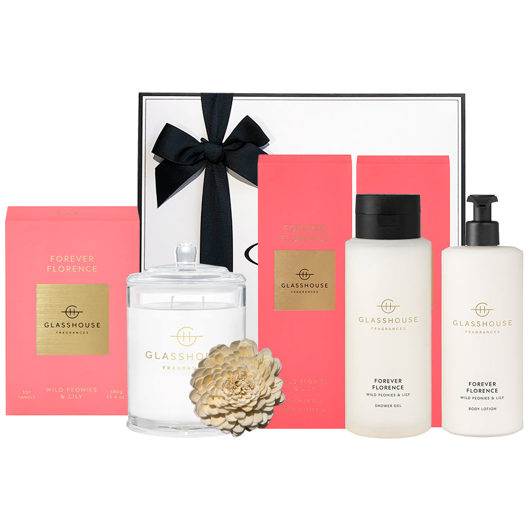 Glasshouse Fragrances Forever Florence Soy Candle 380g, Glasshouse Fragrances Forever Florence Shower Gel 400ml, Glasshouse Fragrances Forever Florence Body Lotion 400ml, beautifully packaged in our signature gift box.