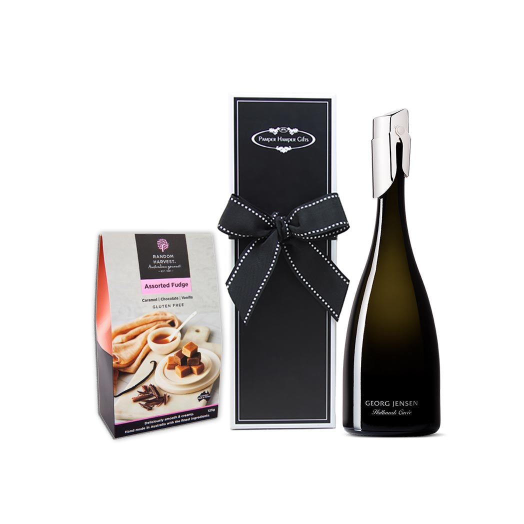 A bottle of Georg Jensen Cuvee, a bottle stopper and chocolates beautifully packaged in our signature gift box.