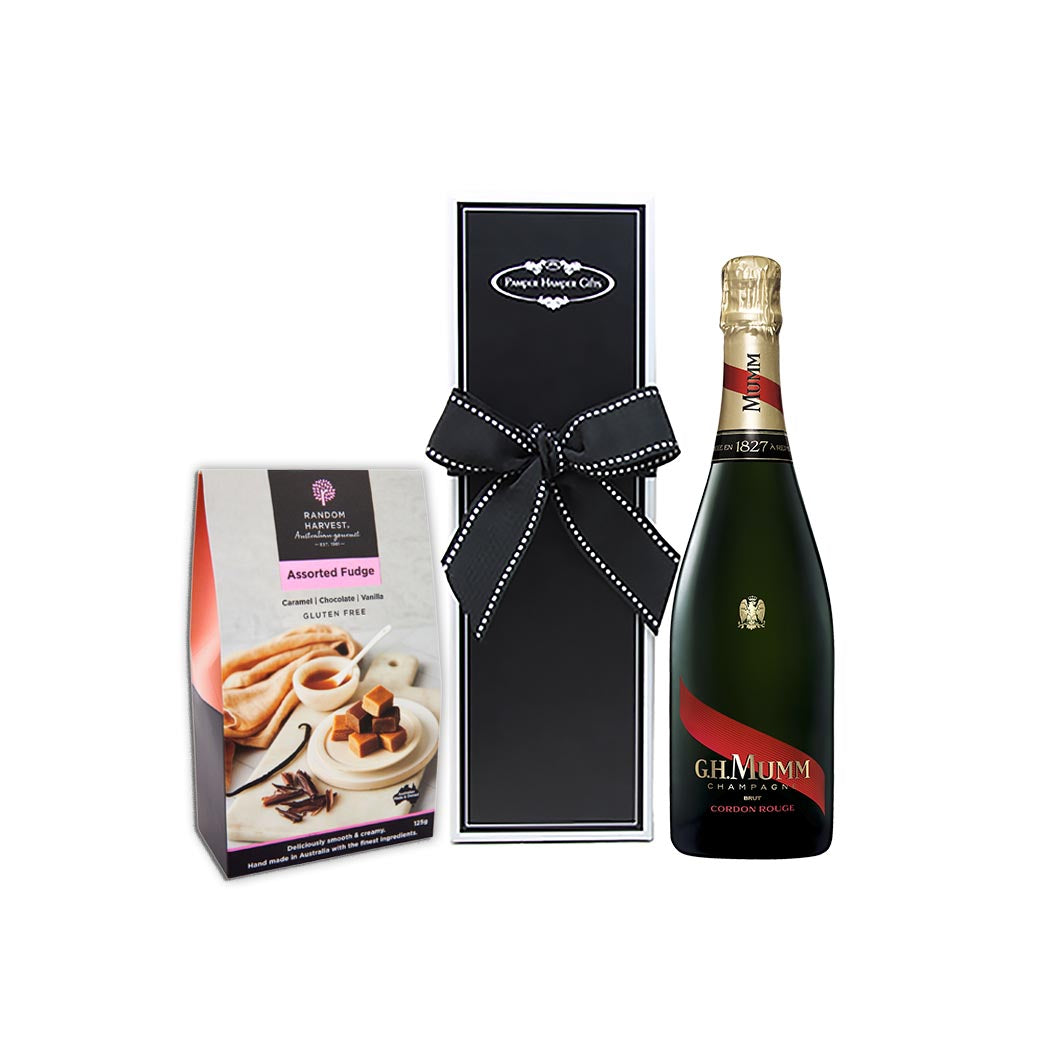 GH Mumm Cordon Rouge NV Champagne and chocolate boxed in our Luxury Pamper Hamper Gifts signature wine box