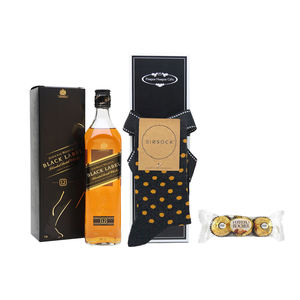 Johnnie Walker Black Label, Ferrero Rocher chocolates and premium cotton socks.