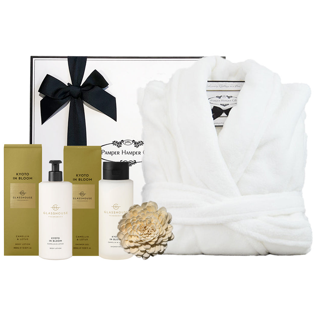 Glasshouse Fragrances Kyoto in Bloom Shower Gel 400ml, Glasshouse Fragrances Kyoto in Bloom Body Lotion 400ml and a 100% Microplush Bathrobe (One Size Fits All) 5 Star Quality, beautifully packaged in our sig
