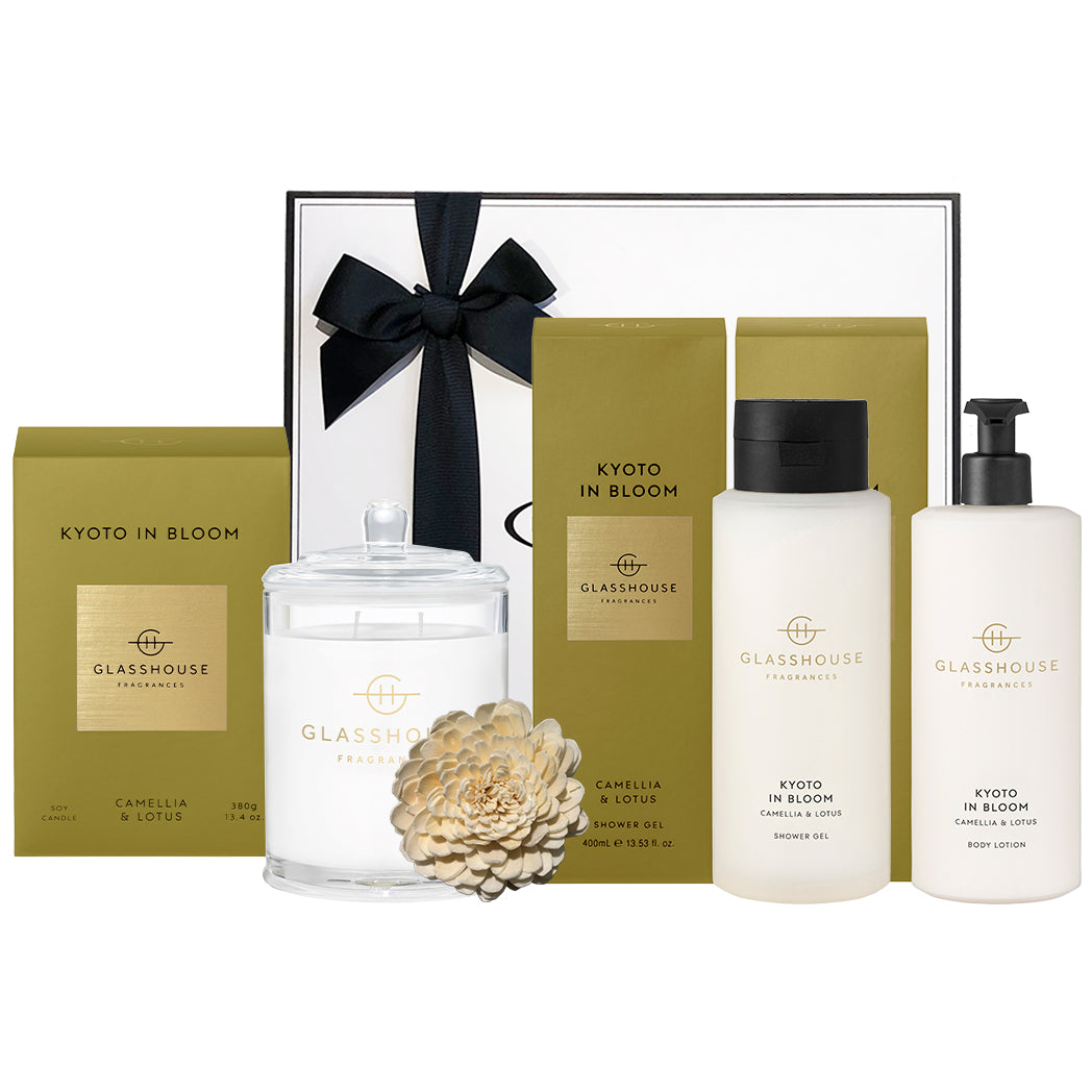 Glasshouse Fragrances Kyoto in Bloom Soy Candle 380g, Glasshouse Fragrances Kyoto in Bloom Shower Gel 400ml, Glasshouse Fragrances Kyoto in Bloom Body Lotion 400ml, beautifully packaged in our signature gift box.