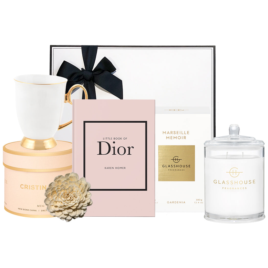 Little Book Of Dior Hardcover Book with Glasshouse Marseille Memoir 380g candle and a Cristina Re Mug with 24ct trim beautifully presented in our signature gift box.