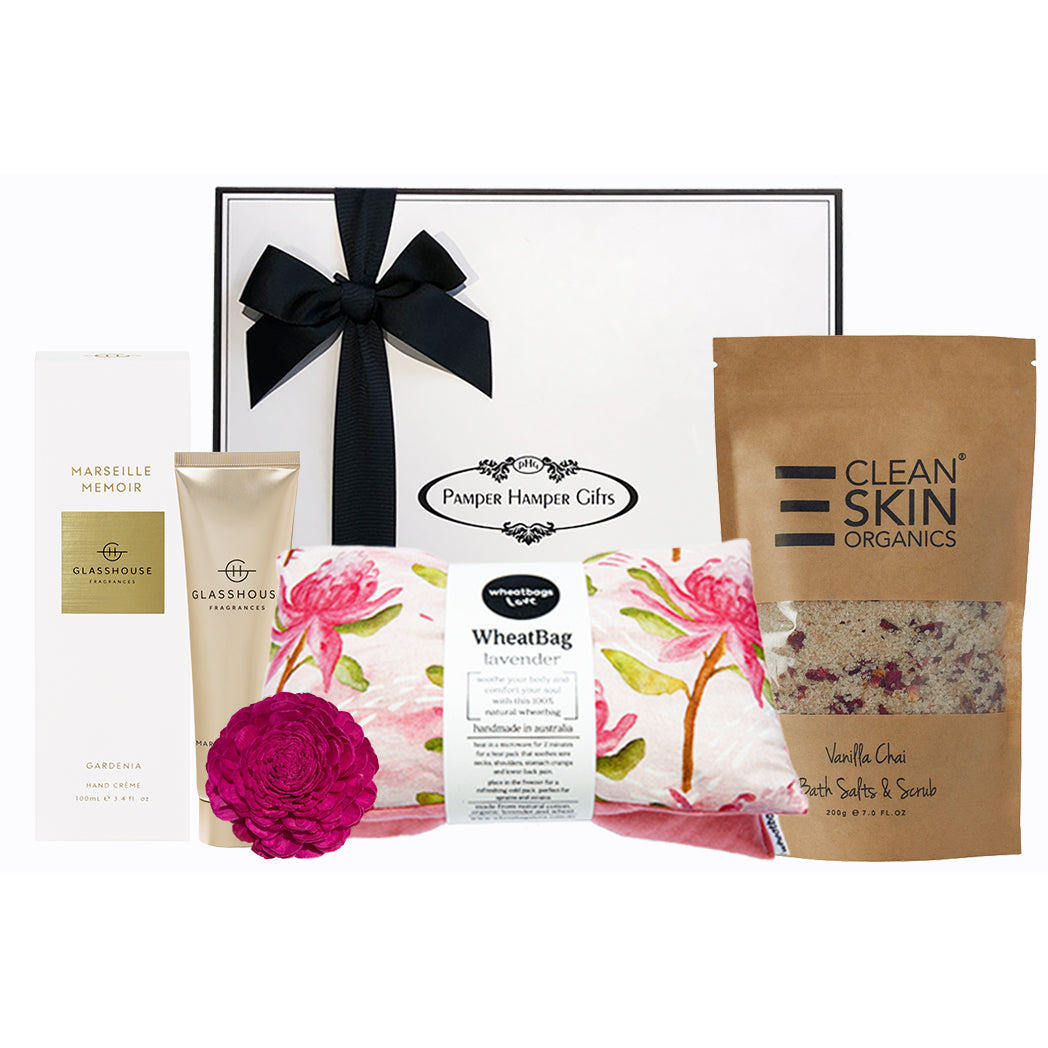 Get well gift hamper with wheatbag, hand cream and bath soak beautifully packaged in our signature hamper box.