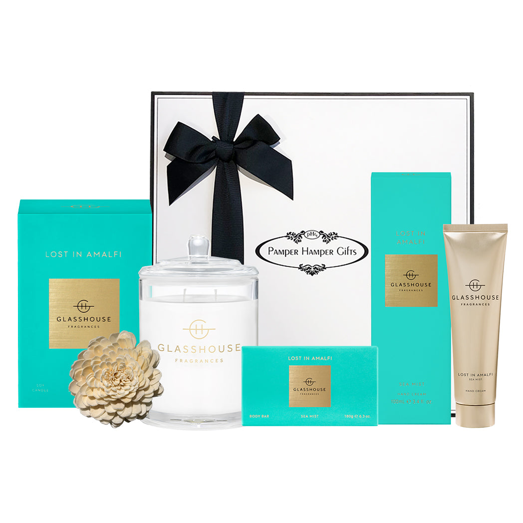 Glasshouse Fragrances Lost in Amalfi Soy Candle 380g, Glasshouse Fragrances Lost in Amalfi Body Bar 180g, Glasshouse Fragrances Lost in Amalfi Hand Cream 100ml, beautifully packaged in our signature gift box.
