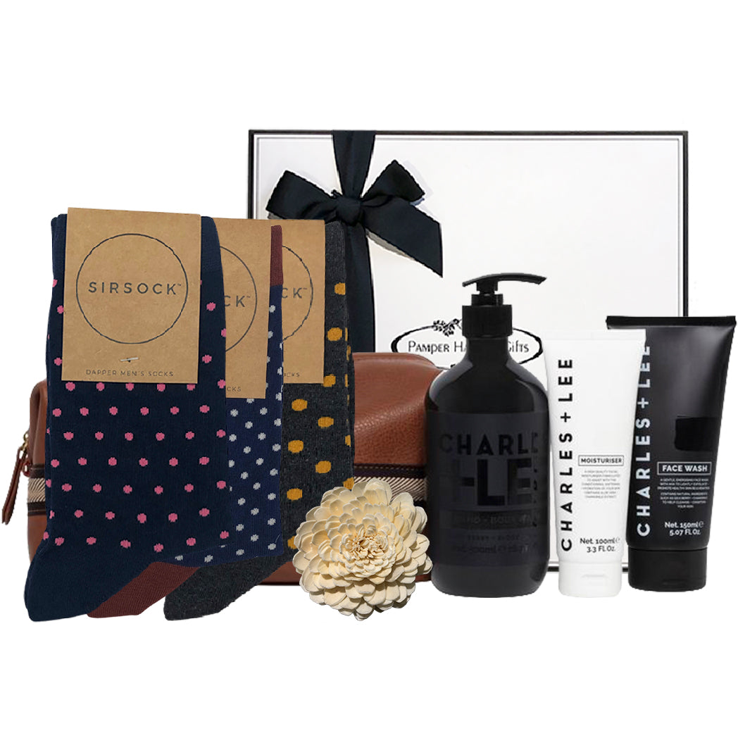 Charles + Lee skin care products with three pairs of combed cotton socks packaged in our exquisite signature gift box.