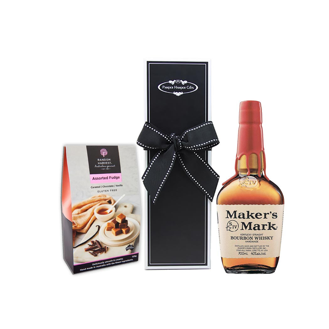 Maker's Mark Bourbon Whisky with chocolate packaged beautifully in our signature PHG gift box