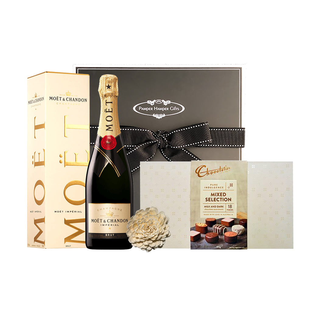 Moët Champagne and Chocolatier Chocolate Box packaged together in our signature black hamper box 
