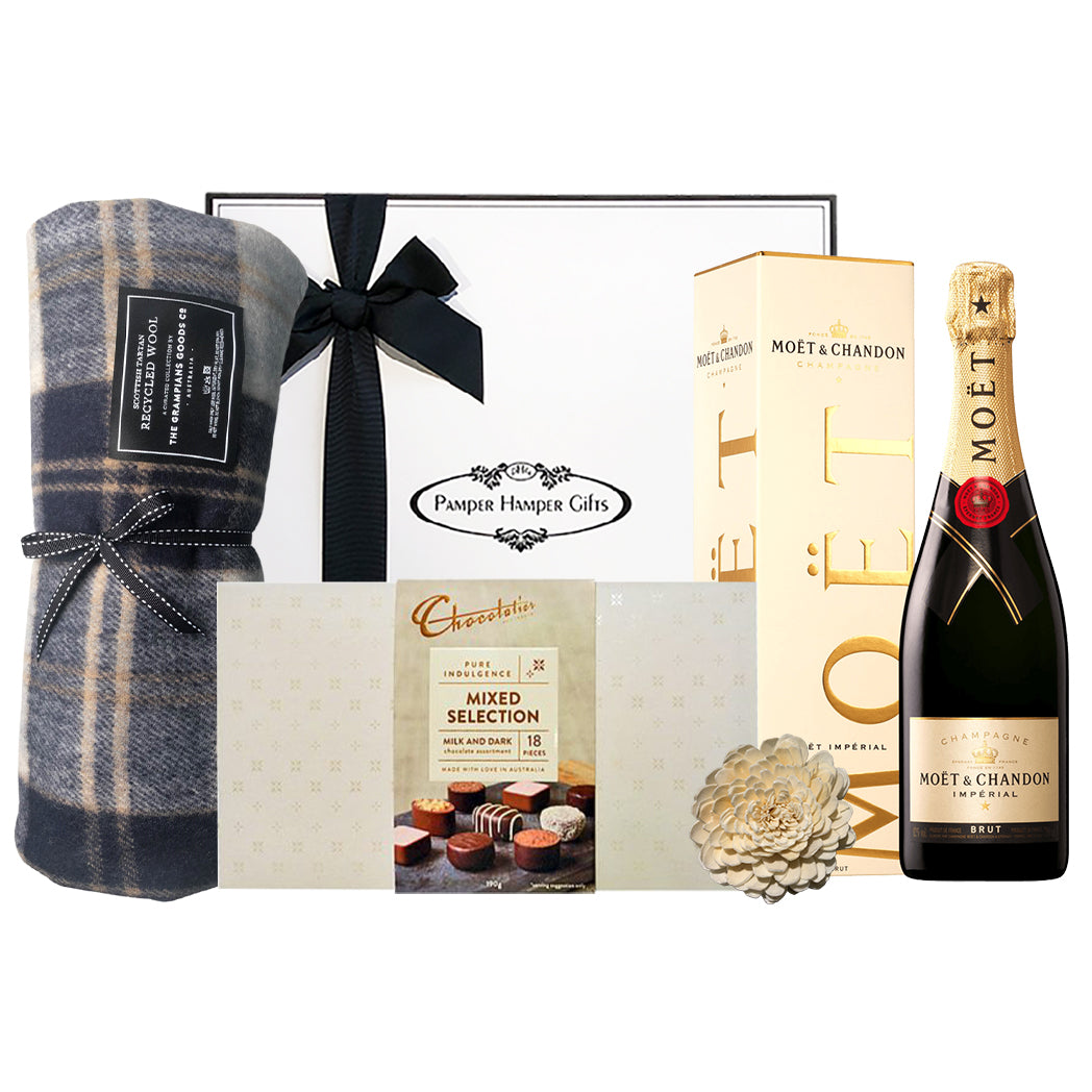 Gorgeous Grampians Goods Co tartan travel blanket with 750ml bottle of French Champagne and a box of Chocolatier Pure Indulgence chocolates beautifully packaged in our signature gift box.