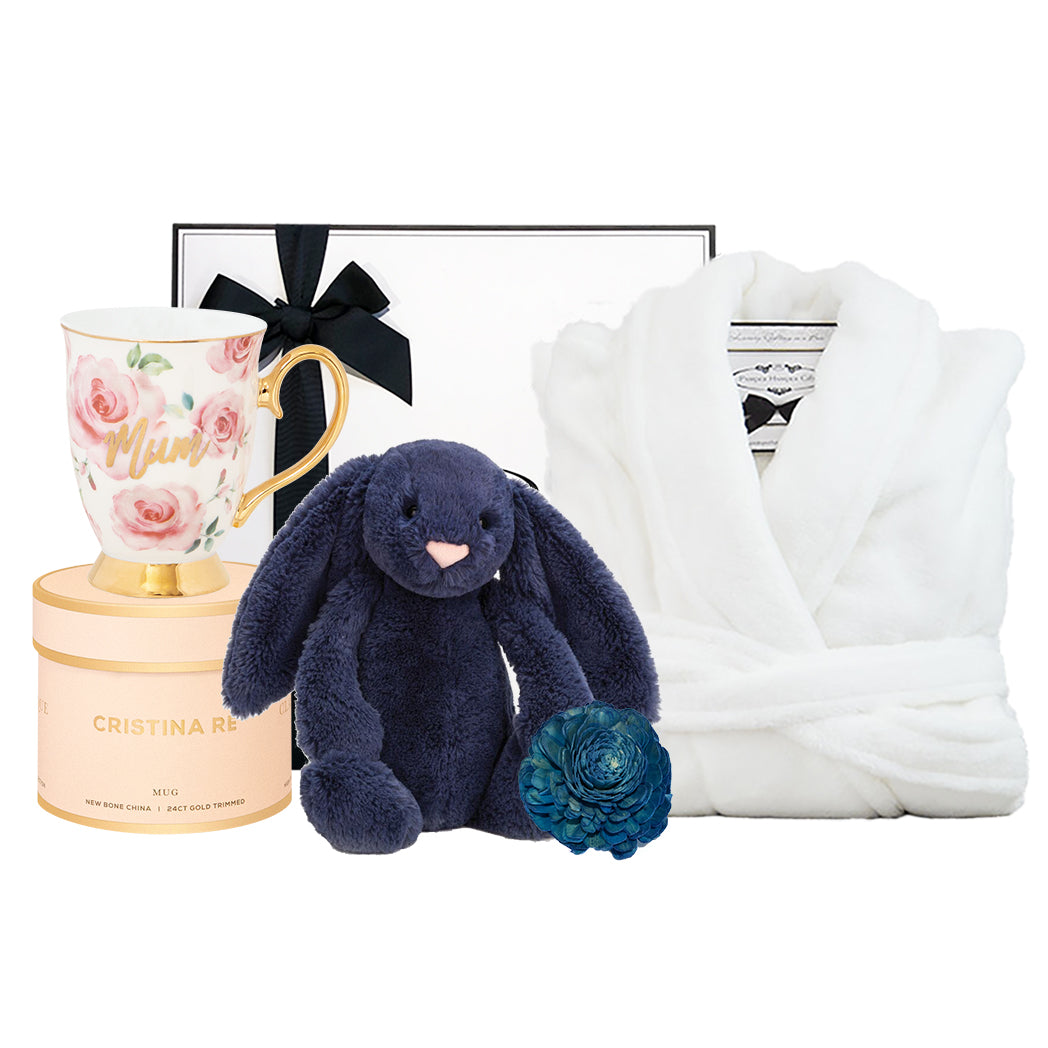 Bathrobe & Cristina Re MUM mug for mum, Jellycat navy blue bunny for baby all packaged together exquisitely in our signature packaging.