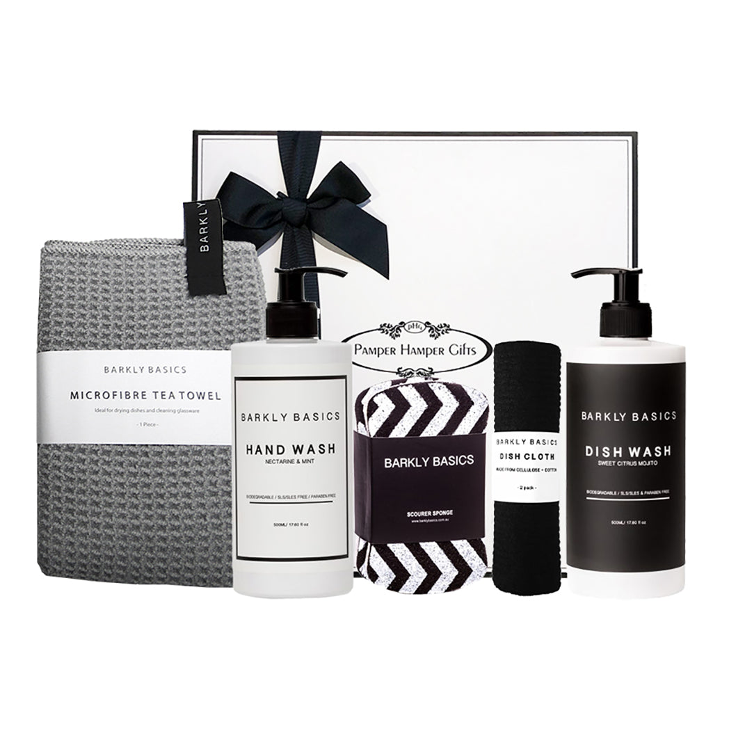 Barkly Basics dish wash, hand wash, sponge, dish cloth and tea towel beautifully packaged in our signature gift box