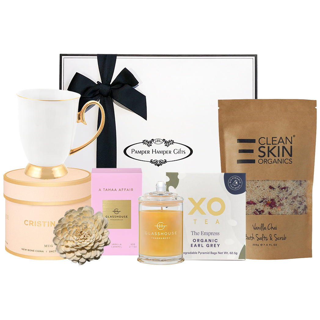 Cristina Re Ivory Mug with Handpainted 24ct Gold Plated Finish, Glasshouse Fragrances 60g Triple Scented Soy Candle A Tahaa Affair (Vanilla Caramel), Clean Skin Organics Vanilla Chai Bath Salts & Scrub 200g & XO Tea Organic Earl Grey Tea 62.5g