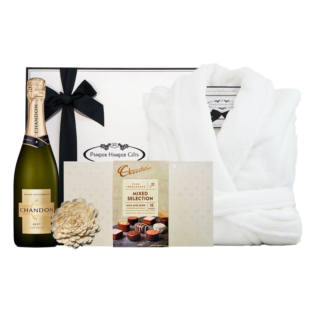 100% Microplus Bathrobe (One Size Fits all), Chocolatier Australia Mixed Selection of chocolates (18 pieces) and Chandon Brut Non Vintage 750ml.  Beautifully packaged in our signature gift box.