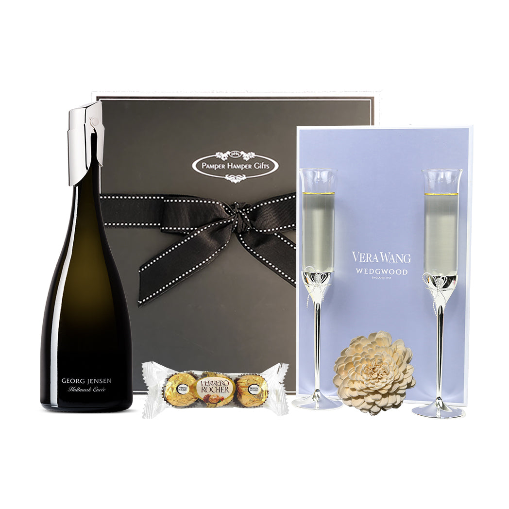 Vera Wang Love Knots Toasting Flutes with Georg Jensen Hallmark Cuvee and Ferrero Rocher triple pack of chocolates beautifully packaged and presented in our signature luxury packaging.