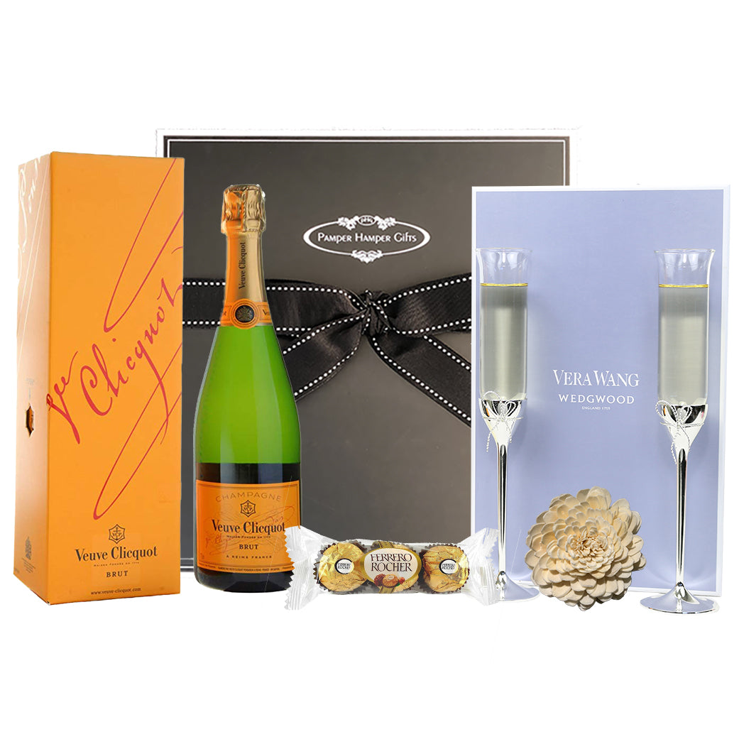 Vera Wang Love Knots Toasting Flutes, Veuve Clicquot NV Champagne and Chocolates beautifully packaged in our signature black gift box