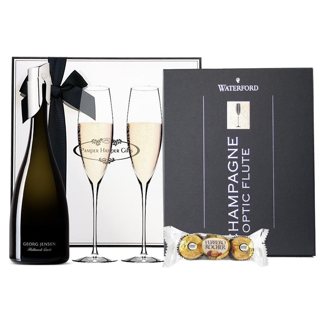 Waterford Crystal Champagne Elegance Classic Flute, Georg Jensen Hallmark Cuvee 750ml and Ferrero Rocher triple pack chocolates, beautifully pacakaged in our signature gift box.