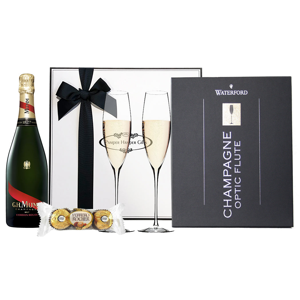 G.H. Mumm Champagne Brut Cordon Rouge 750ml, Waterford Crystal Champagne Optic Flute glasses and Ferrero Rocher Triple Pack Chocolates.  Beautifully packaged in our signature gift box.