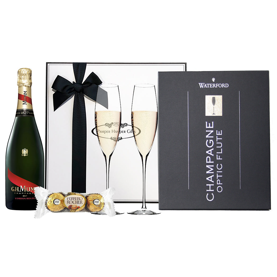 G.H. Mumm Champagne Brut Cordon Rouge 750ml, Waterford Crystal Champagne Optic Flute glasses and Ferrero Rocher Triple Pack Chocolates.  Beautifully packaged in our signature gift box.