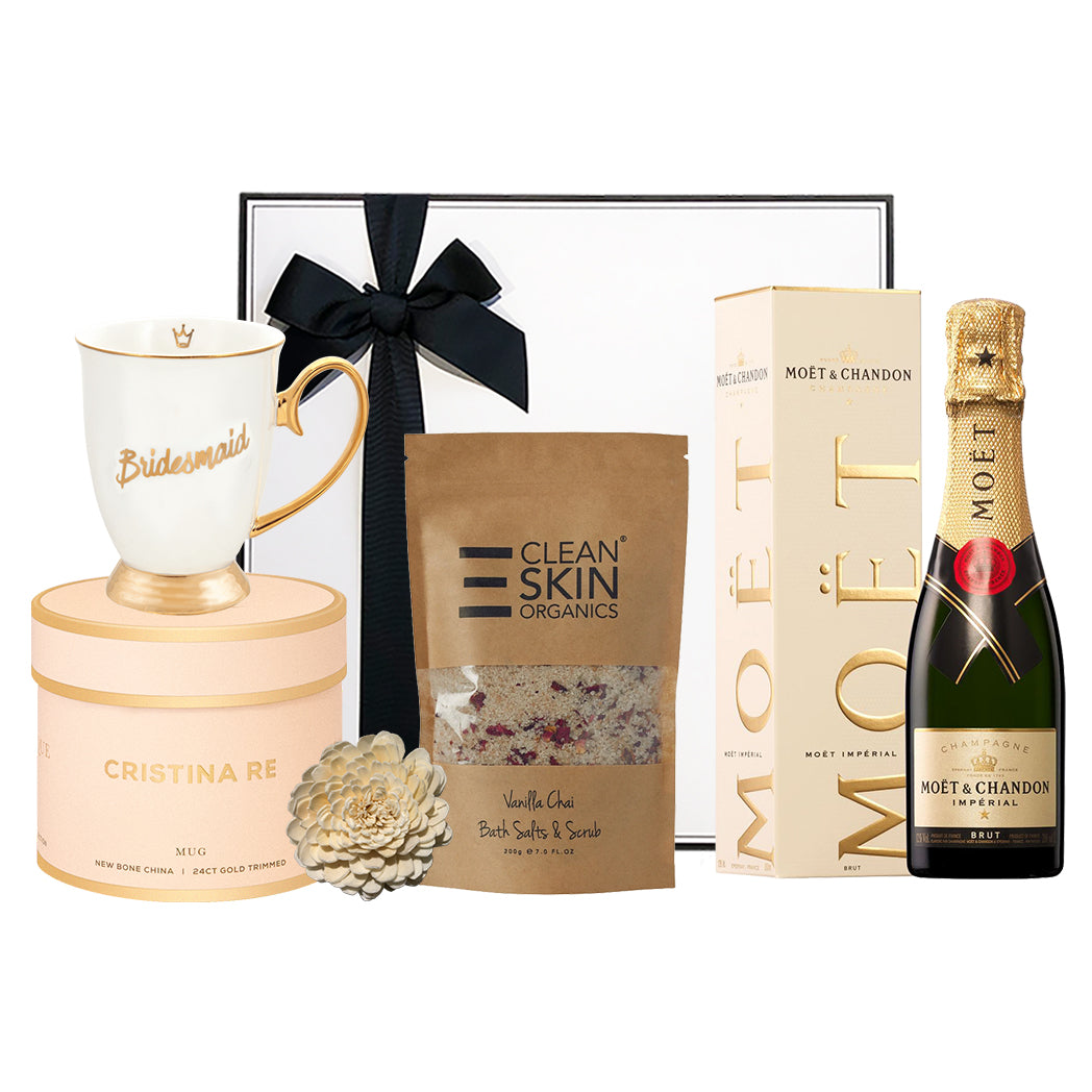 Moet & Chandon NV Champange Mini 200ml, Cristina Re Mug Bridesmaid Ivory & Clean Skin Organics Body Soak Vanilla Chai 200g
